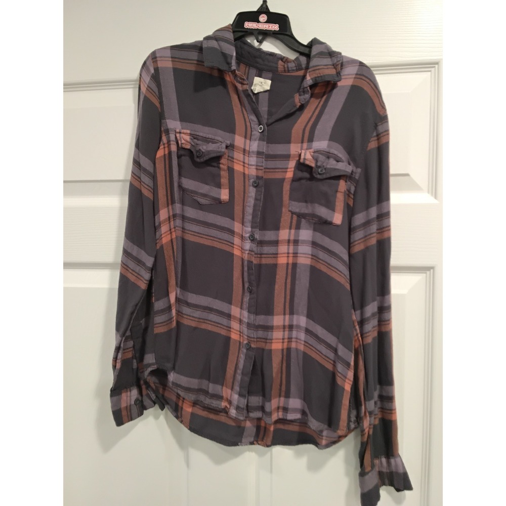 ONeill Plaid Button Down Shirt Womens XS Gray Orange Long Sleeve Flannel Top